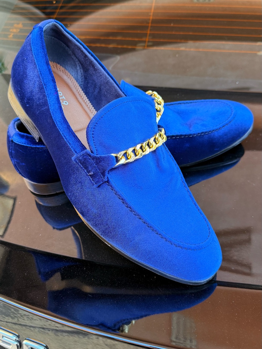 ROYAL BLUE Velvet Gold Chain Link Detail Smoking Loafers Dress Shoes 11